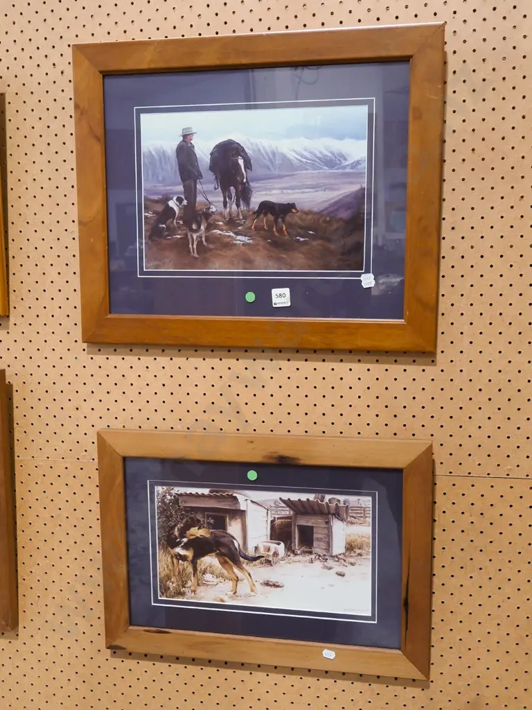 2x framed prints - stockmen with dogs and horse, farm dog - green dots Image 1++
