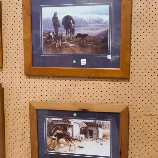 2x framed prints - stockmen with dogs and horse, farm dog - green dots