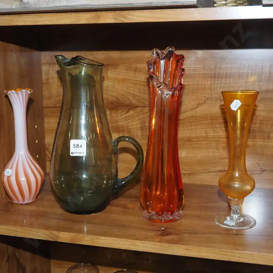 green glass jug, 3x coloured glass vases H280