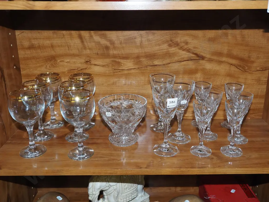 cut crystal wine glasses, rose bowl, gold rimmed wine glasses Image 1++