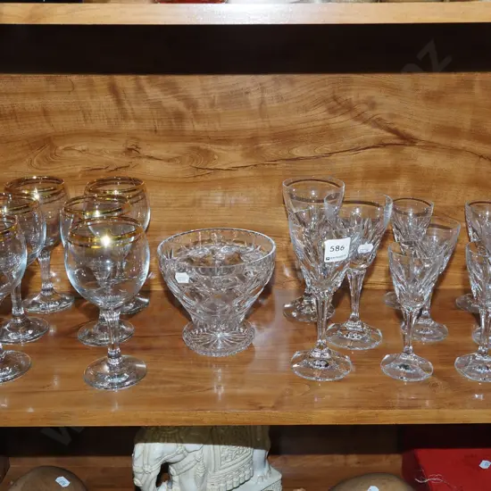 cut crystal wine glasses, rose bowl, gold rimmed wine glasses