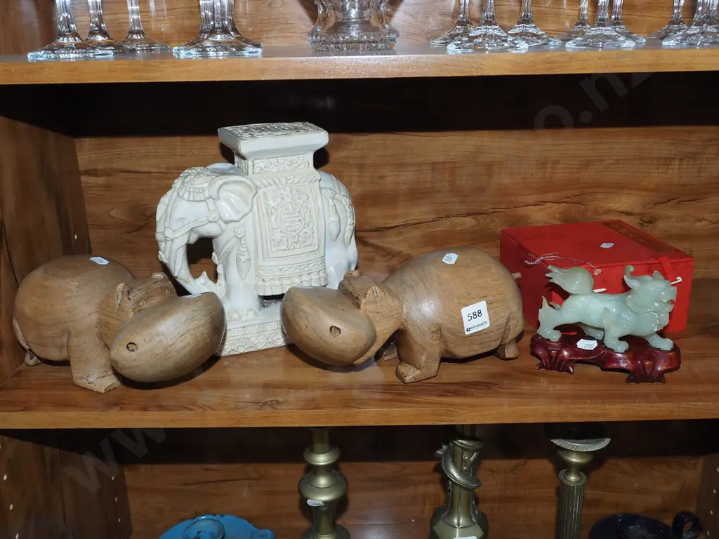 carved foo dog, wooden hipo, small ceramic elephant jardiniere H210 Image 1++
