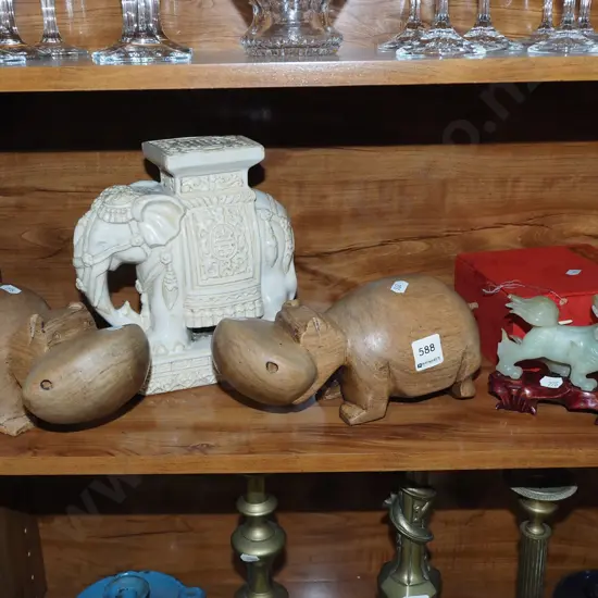 carved foo dog, wooden hipo, small ceramic elephant jardiniere H210