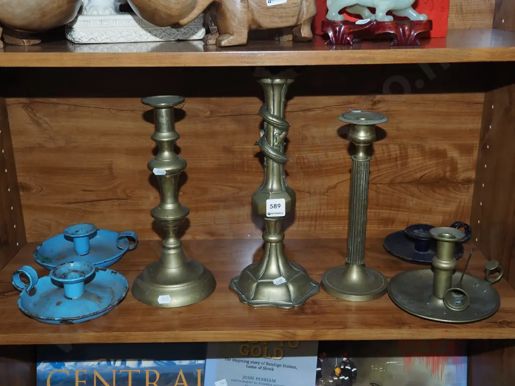 shelf; brass candlesticks, chambersticks Image 1++