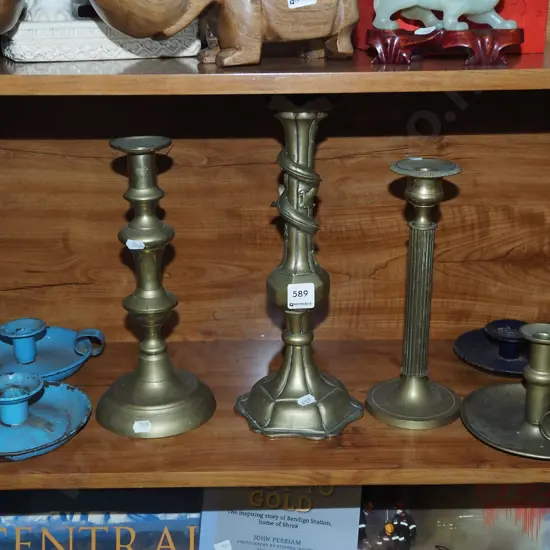 shelf; brass candlesticks, chambersticks