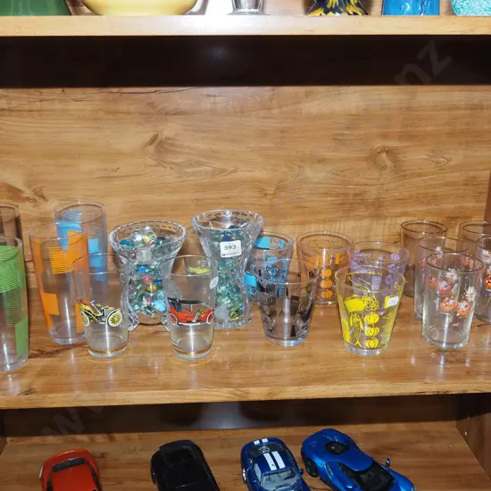 shelf of glass tumblers, 2x cut crystal vases of marbles H140