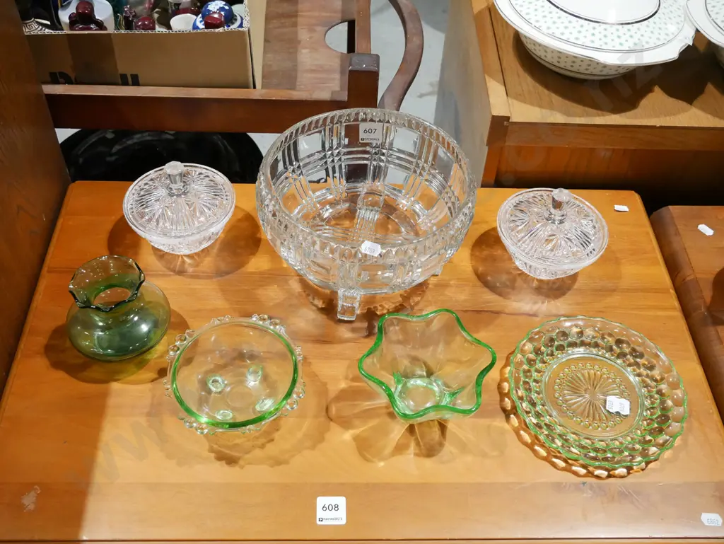 crystal footed bowl, green glass bowls, 2x lidded canisters Image 1++