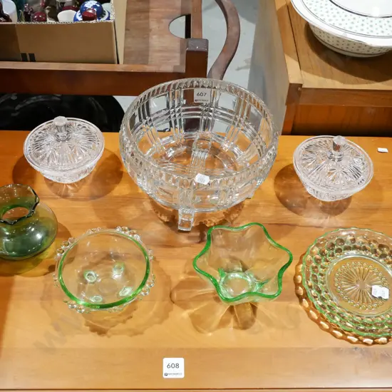 crystal footed bowl, green glass bowls, 2x lidded canisters