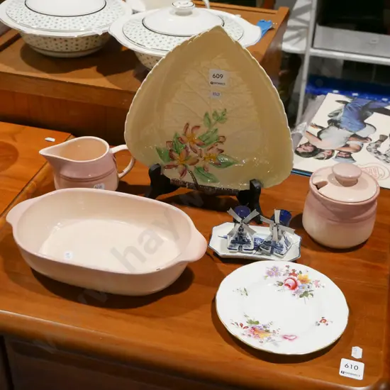 Carlton ware leaf, Teal baking dish, milk jug etc