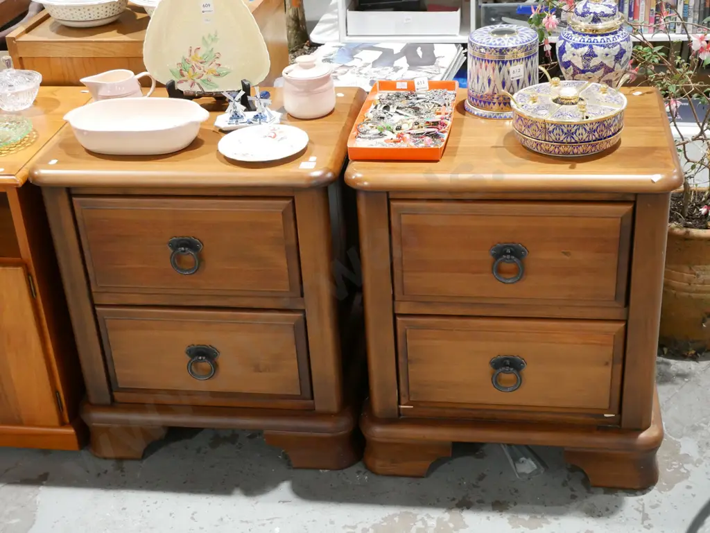 pair of solid 2 drawer bedside cabinets with cast metal drop handles Image 1++