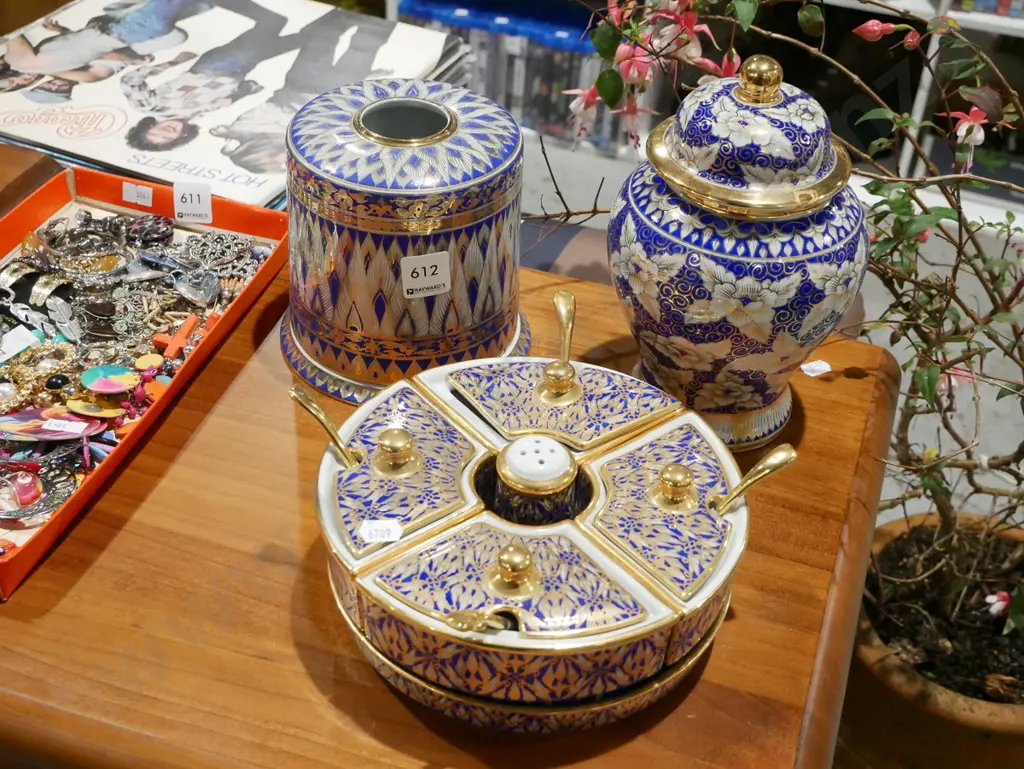 Taiwanese segmented condiment server, lidded urn and jar - urn is H-230 Image 1++