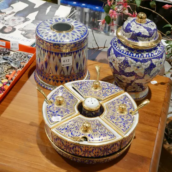 Taiwanese segmented condiment server, lidded urn and jar - urn is H-230