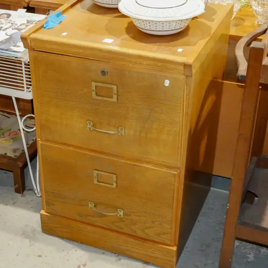 2 drawer oak filing cabinet - key in office