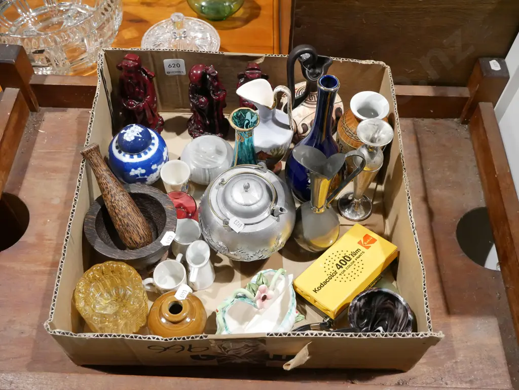 box; wooden mortar and pestle, figurines, vases etc Image 1++