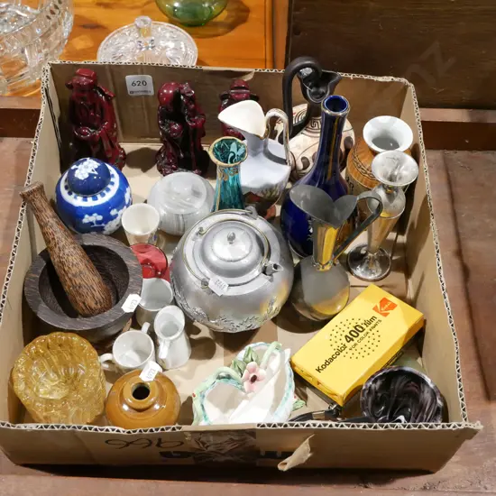 box; wooden mortar and pestle, figurines, vases etc