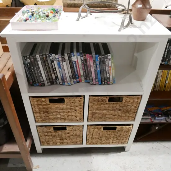 mdf white melteca shelves with 4x seagrass baskets H895 W710 D310