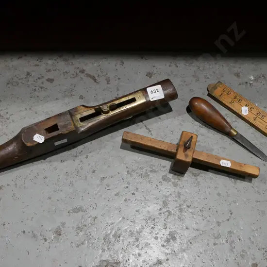 vintage wood and brass part plunge plane, builder's rule, markers gauge etc