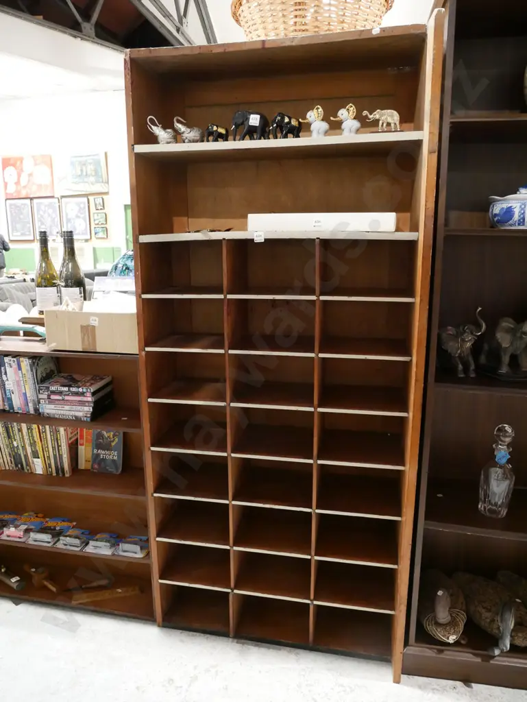 wooden bench top stationery organiser, pigeon holes, placed on side can be used as shelves H17110 W770 D330 Image 1++