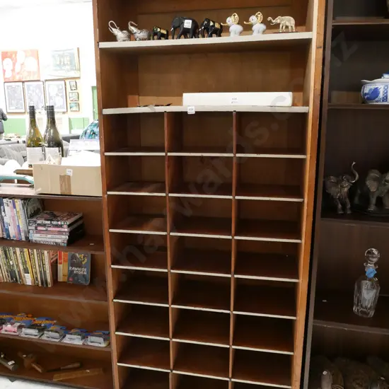 wooden bench top stationery organiser, pigeon holes, placed on side can be used as shelves H17110 W770 D330