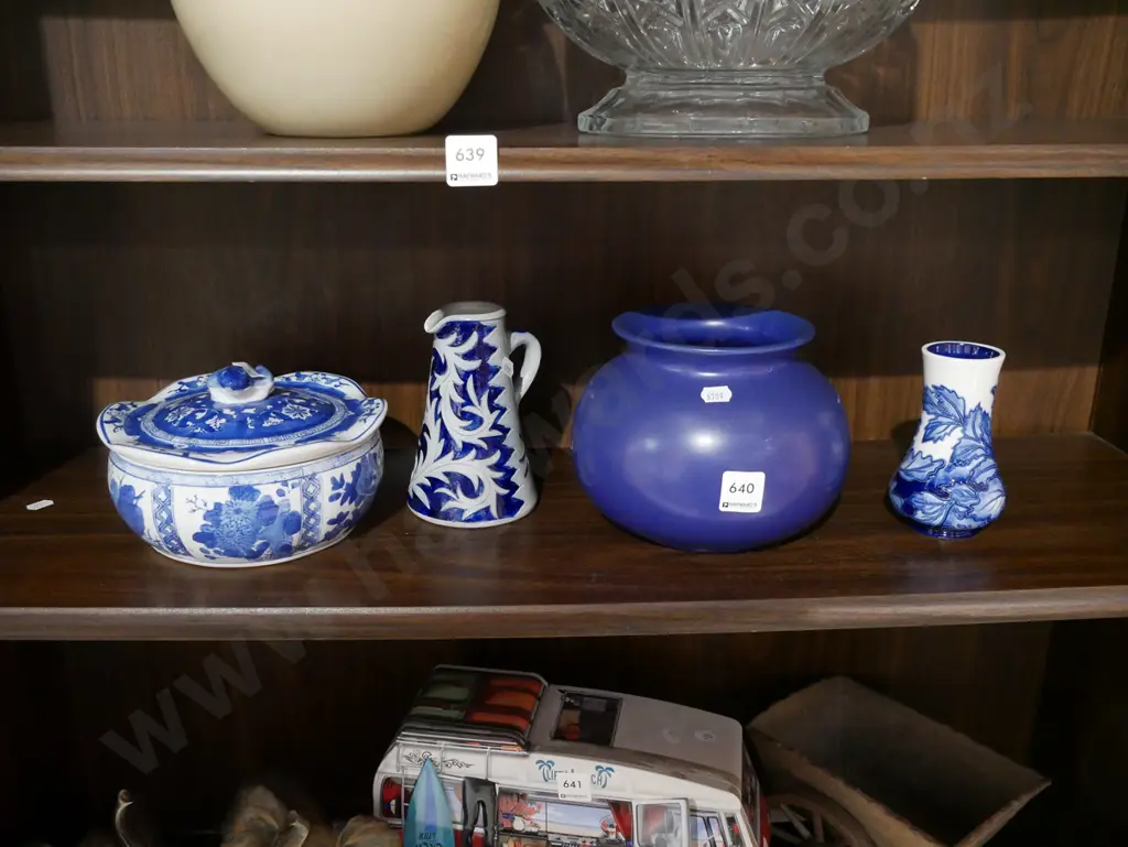 Asian lidded bowl, stoneware jug, Tunstall vase, German pottery blue glazed vase Image 1++