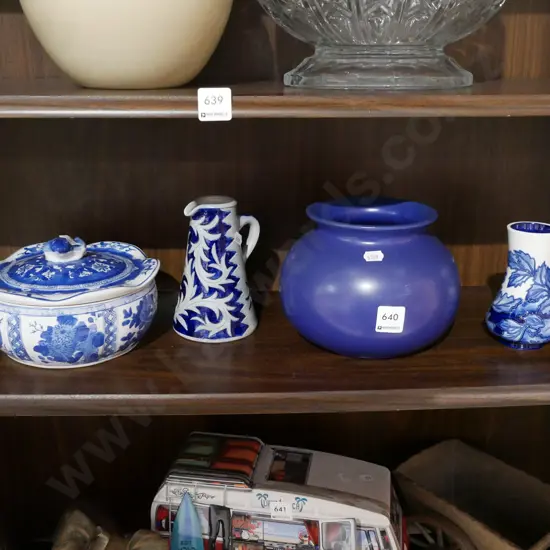 Asian lidded bowl, stoneware jug, Tunstall vase, German pottery blue glazed vase