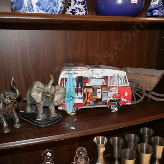 elephant figurines, Kombi tin, restorer's wooden car