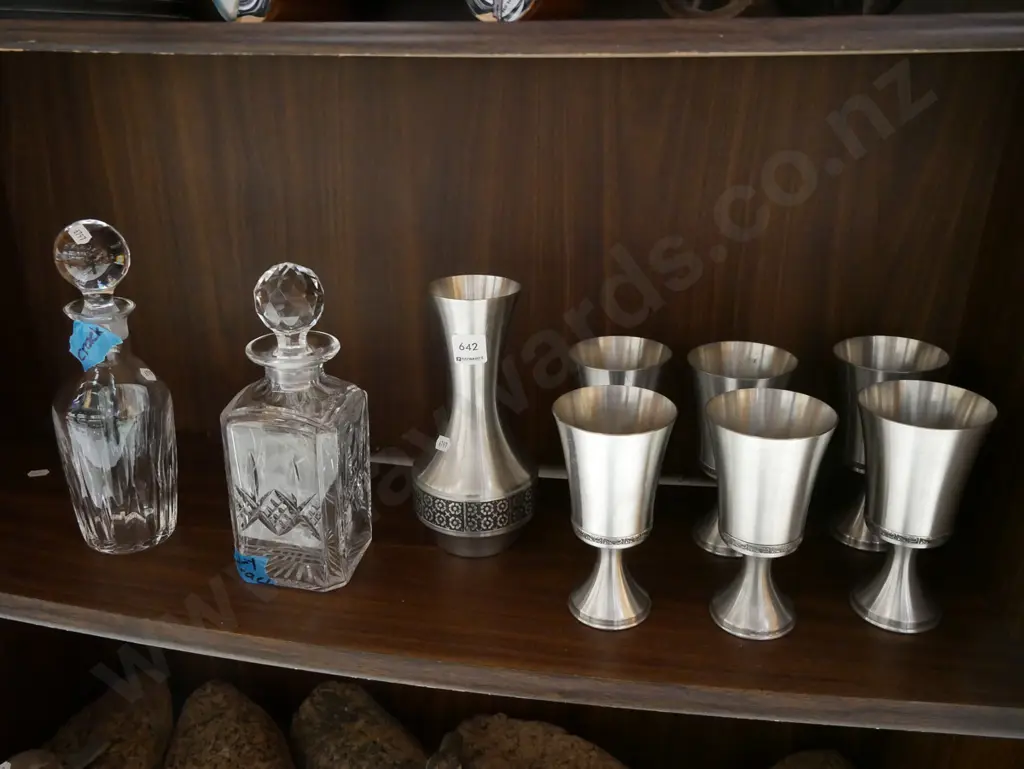 pewter flask, 6 goblets, 2x stoppered decanters- some cracks and chips Image 1++