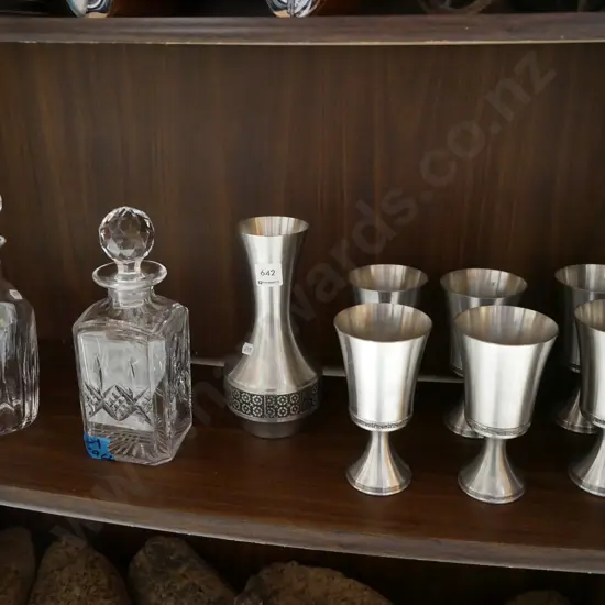 pewter flask, 6 goblets, 2x stoppered decanters- some cracks and chips