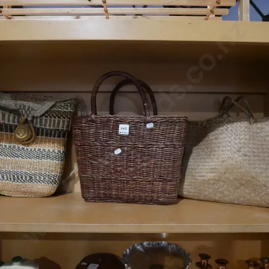 shelf; cane baskets, woven flax bags