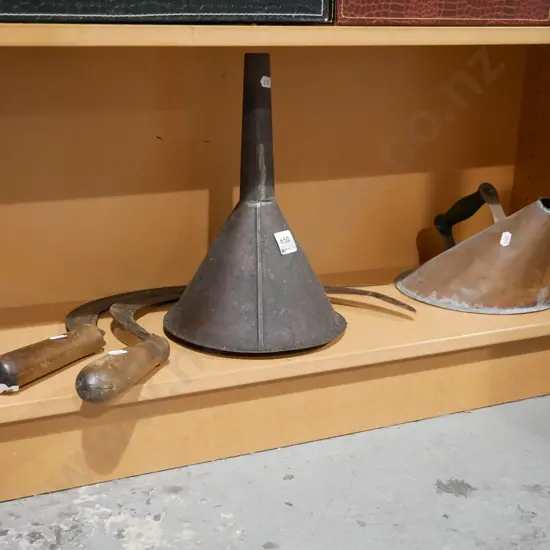 oil funnel, 2x sickles, copper kettle