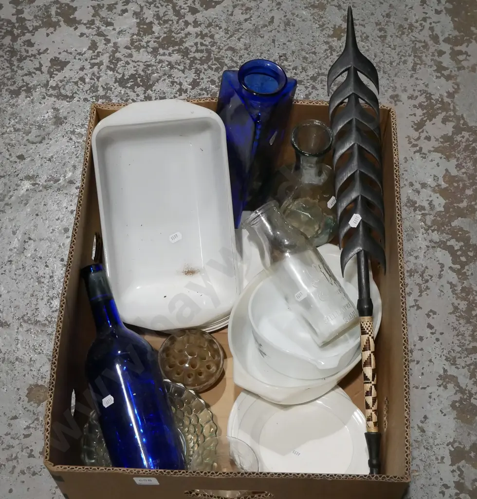 box; pyrex baking dishes, blue glass bottle, vases etc Image 1++