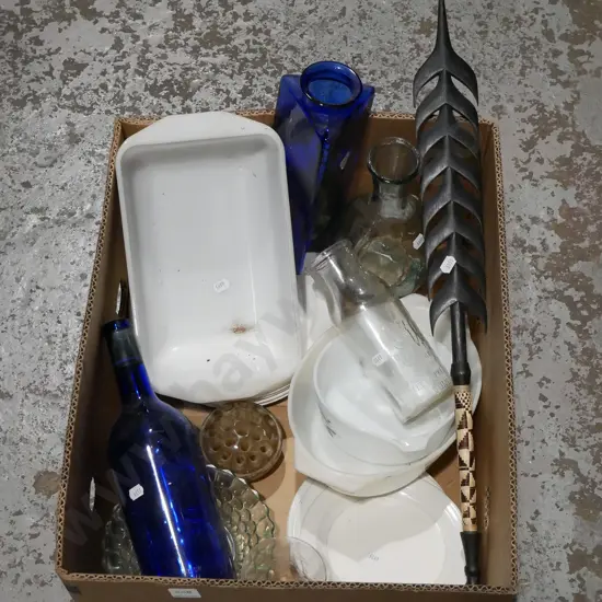 box; pyrex baking dishes, blue glass bottle, vases etc