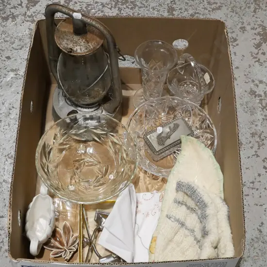 box; hurricane lanterns, crystal bowls etc