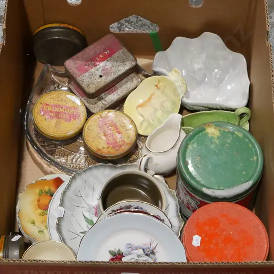 box; honey tins, plates, tobacco tins etc