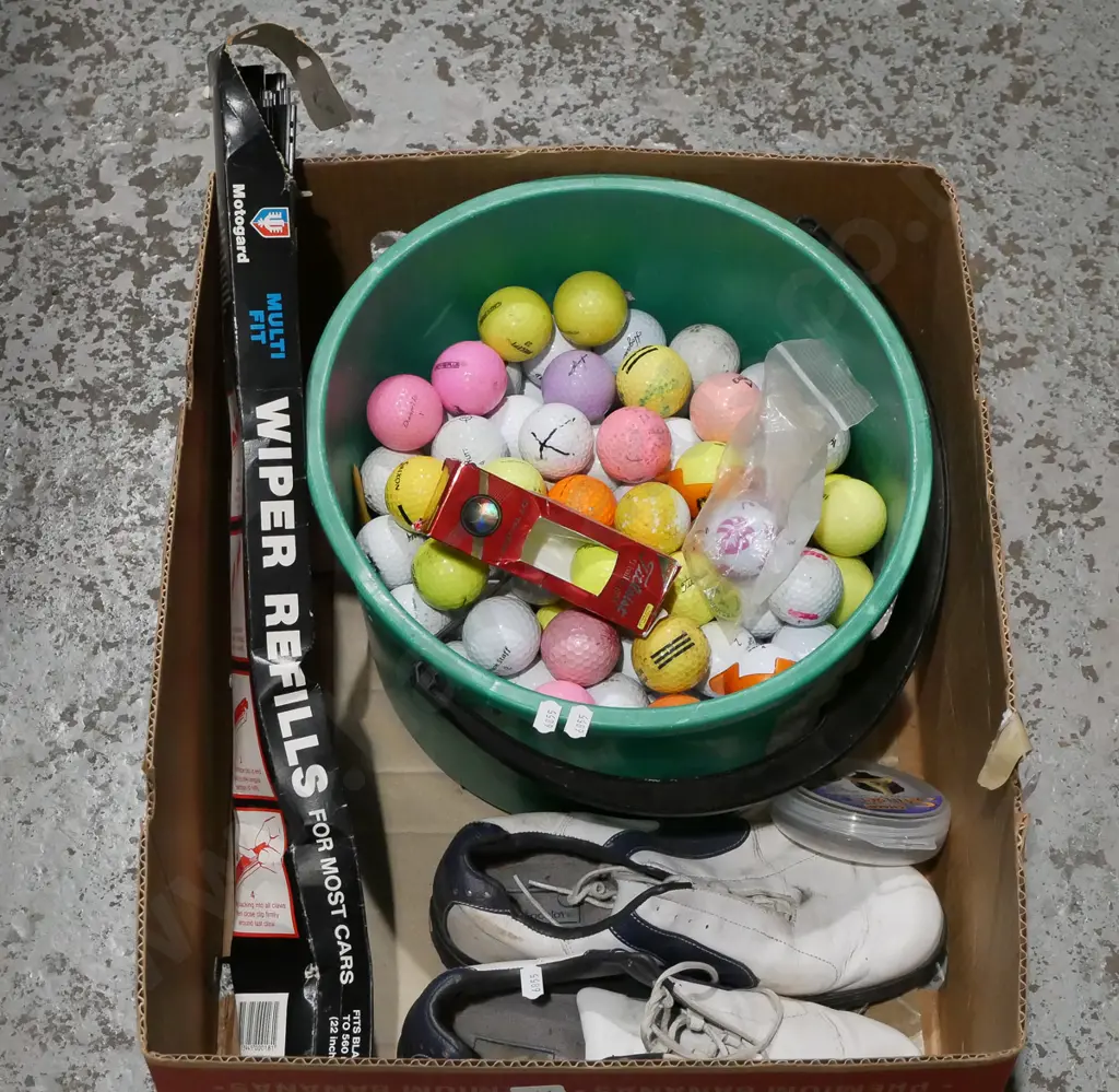 box; golf shoes, golf balls, wiper blade refills etc Image 1++
