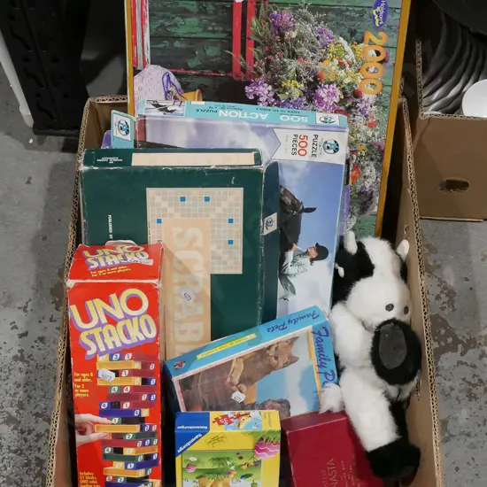 box; puzzles, board games, soft toy etc