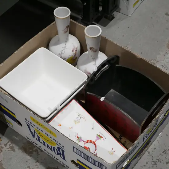 box; hand painted glass vases, large square bowls, Xmas plate etc