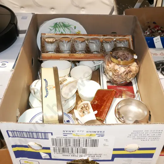 box; glass ware, cups, saucers, plates etc
