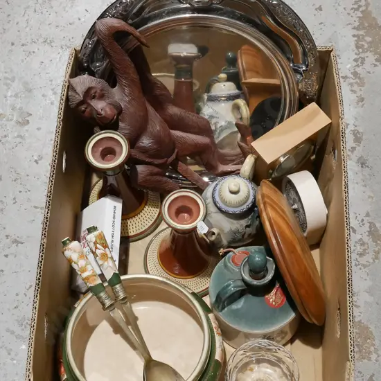 box; plated rim bowl, salad servers, candlesticks etc