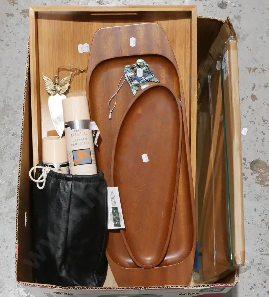box; wooden trays, leather protector kit, 2x glass footed trays etc Image 1++