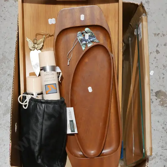 box; wooden trays, leather protector kit, 2x glass footed trays etc
