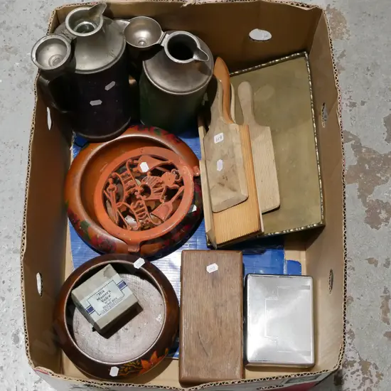 box; vintage thermoses, cast iron fireside trivet, bowls etc