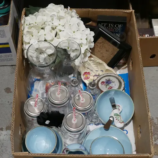 box; faux flowers, photo frames, bowls etc