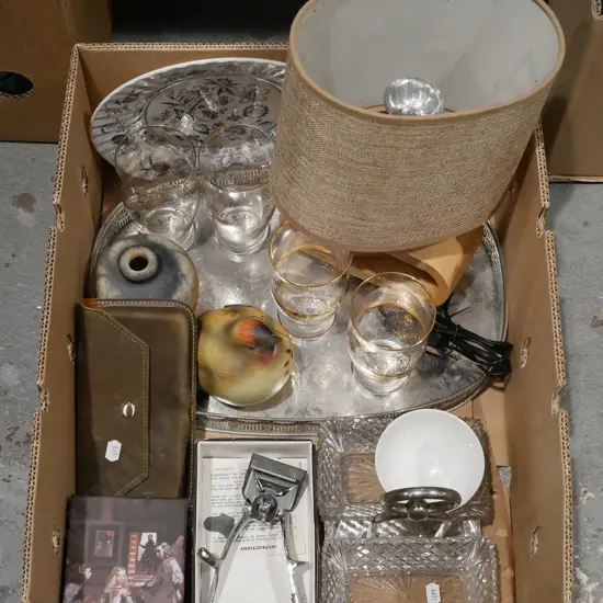 box; bedside lamp, glass tumblers, bird figurine etc