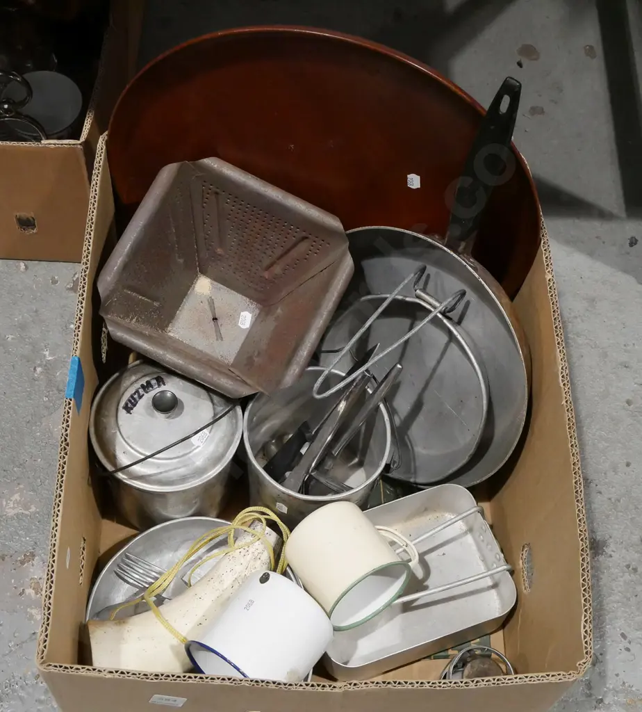 box; enamel jugs, camping pots, pans etc Image 1++