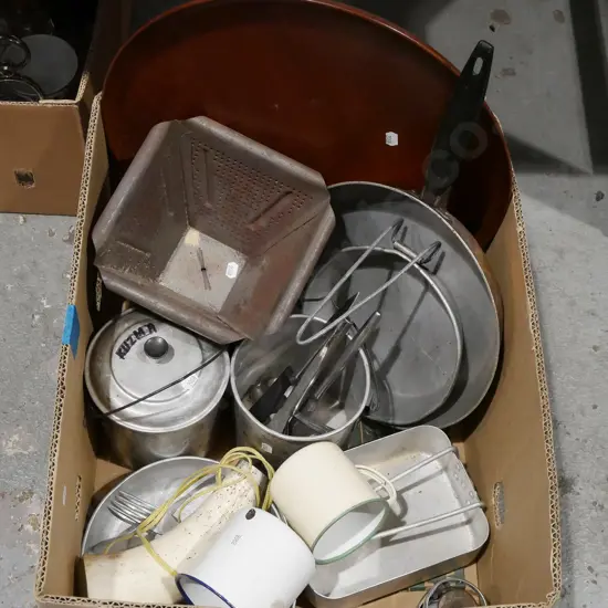 box; enamel jugs, camping pots, pans etc