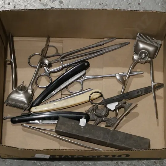 box; cut throat razors, hand clippers, clamp scissors etc