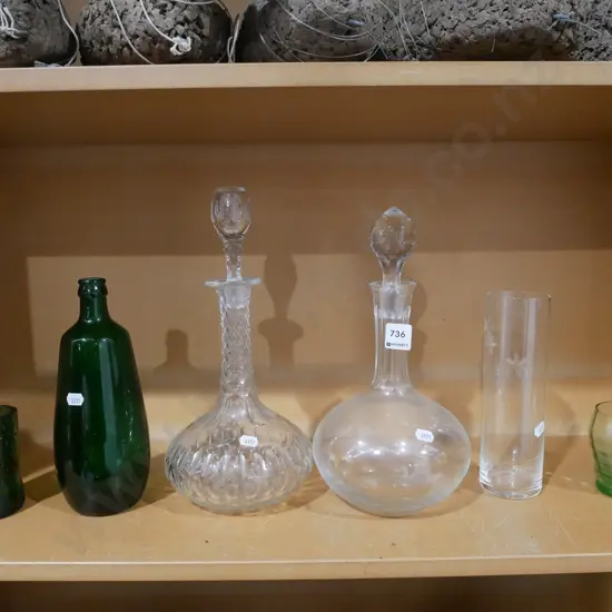 2x stoppered decanters,vase, glasses, green glass bottle H320
