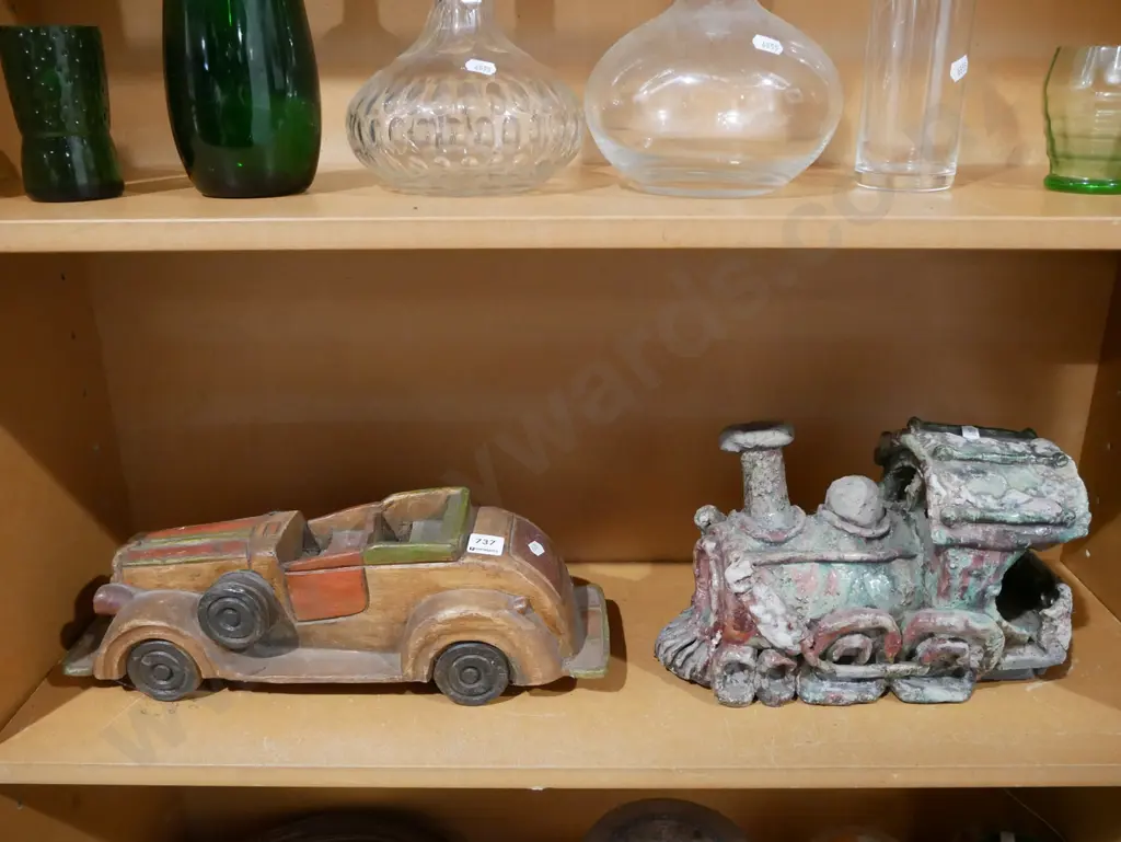 studio pottery model railway locomotive and a carved wooden toy car Image 1++