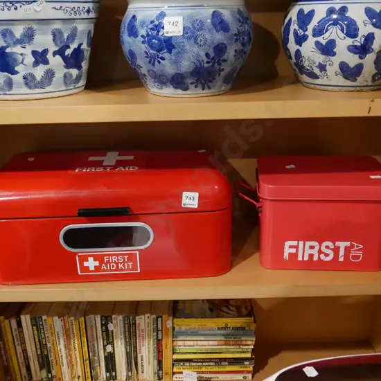 2x red metal first aid kits - no contents